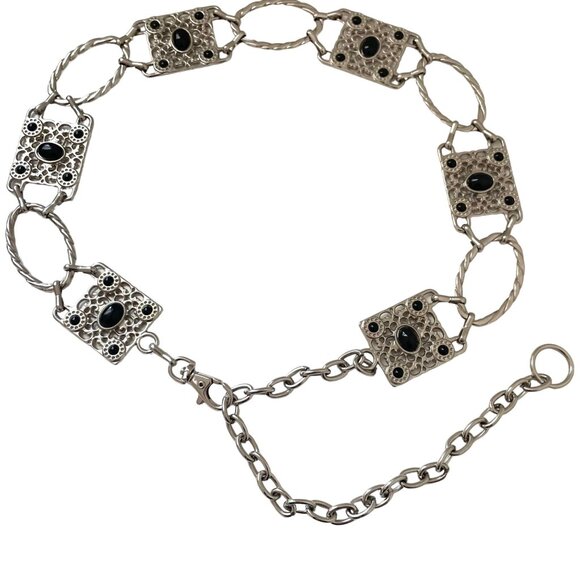 Vintage Accessories - Vintage Silver & Black faux Stone Adjustable Belt 40" Length Intricate Design